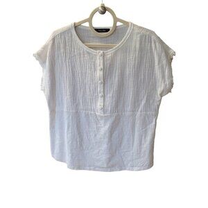 Doe & Rae Womens Half Button Blouse Top Fringe Short Sleeve Textured White small